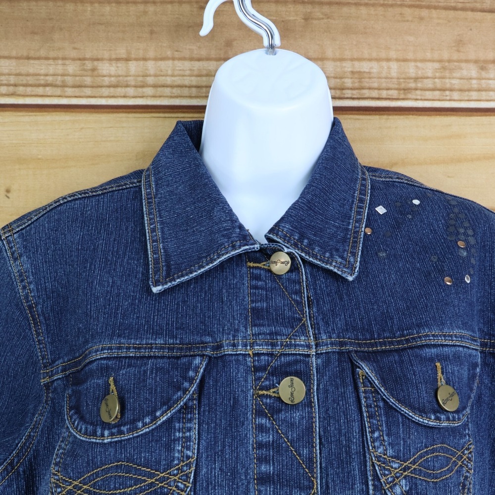 Love Jeans Cropped Denim Jacket Womens Size S Blue Dark Wash Rhinestones Pockets - Picture 5 of 8